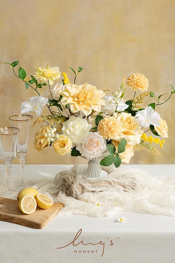 Ling's moment Creamy Yellow Dahlia Foam Artificial Flowers Real Touch Faux Fake Flower for Home Decor Graduation Baby Shower Decorations Outdoors Party Favors Wedding Centerpieces Arrangements 25pcs