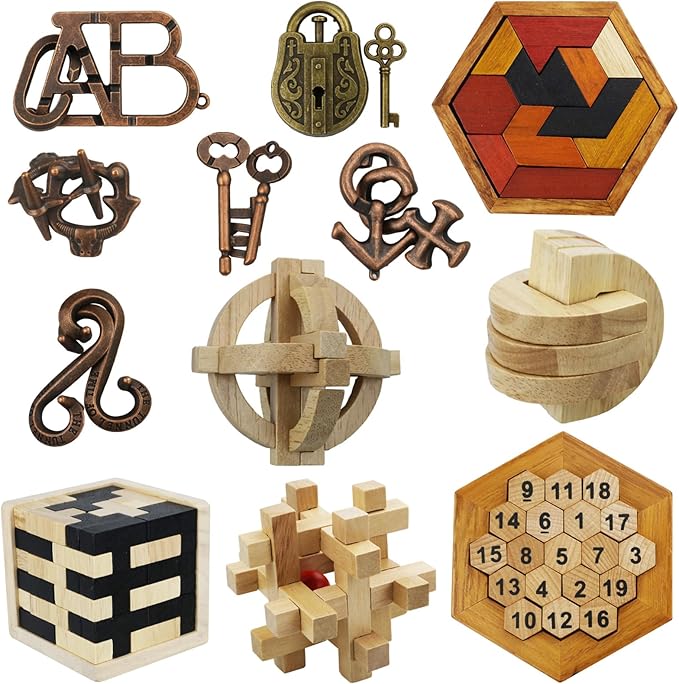 Arlai 12 pcs Wooden Brain Teaser Puzzle and Metal 3D Unlock Interlocking Jigsaw Educational Toy for Kids and Adults Brain Games Durable Easy to Assemble Birthday Gifts Educational Toys