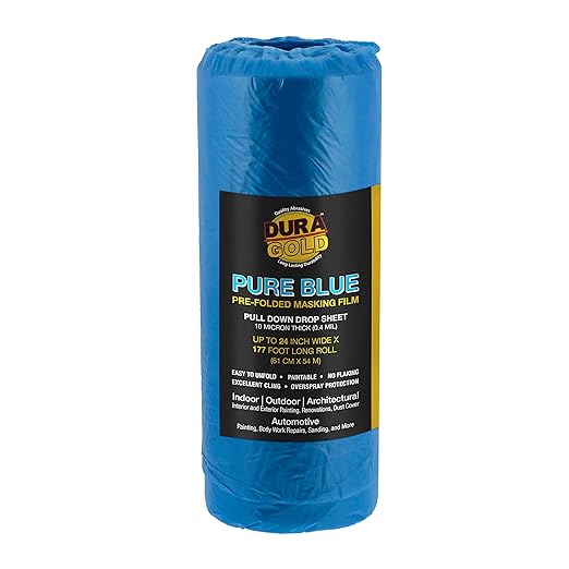 Dura-Gold 24" x 177' Pure Blue Pre-Folded Masking Film - Painters Plastic Roll (0.4 Mil) Pull Down Drop Sheet, Pre-Folded Plastic Sheeting for Painting Protection on Auto, Walls, Furniture