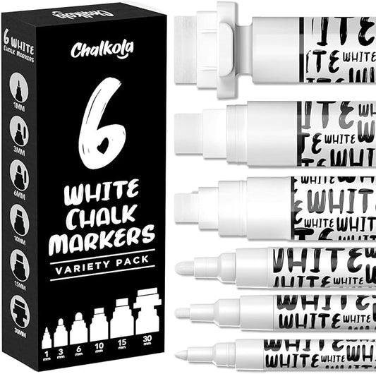 Chalkola 6 White Chalk Markers for Blackboard, Chalkboard Signs, Car Window, Bistro, Glass | Washable Fine Tip, Bold & Jumbo Size Dry Erase Liquid Chalk Pens Erasable (1mm, 3mm, 6mm, 10mm, 15mm, 30mm)