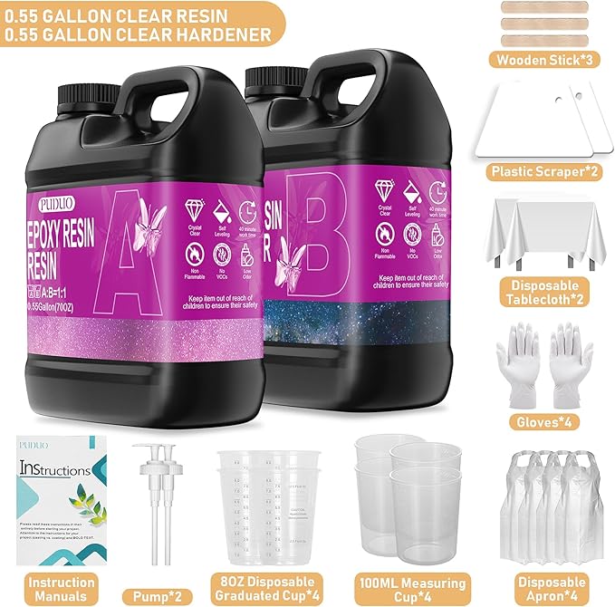 Puduo Epoxy Resin Kit 1.1Gallon，Newly Formulated Crystal Clear Epoxy Resin，Strong, Bubble-Free, Anti-Yellowing Art Resin That，Suitable for Casting, DIY, Resin Art, Molds, Easy to Mix 1:1 Ratio