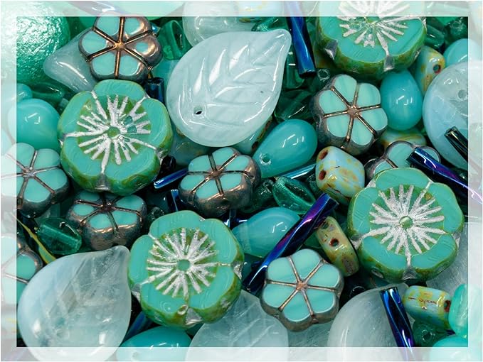 2.1oz (60 g) Mix of Unique Czech Bohemia Glass Pressed Beads, Rocailles, Opaque Turquoise Green Copper Crystal Silver, Matte and Glossy, Hand Made BCV