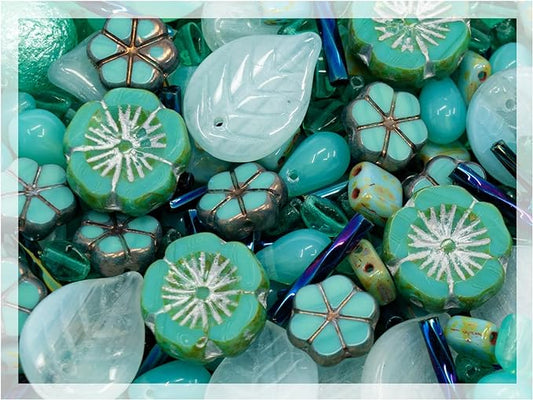 2.1oz (60 g) Mix of Unique Czech Bohemia Glass Pressed Beads, Rocailles, Opaque Turquoise Green Copper Crystal Silver, Matte and Glossy, Hand Made BCV