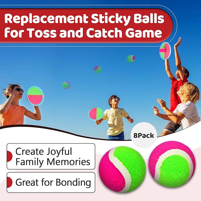 8-Pack Replacement Sticky Balls for Toss and Catch Game, 2.5 Inch Diameter, Hook and Loop Paddle Ball Refills, Outdoor Indoor Sport Toys for Kids, Family, Beach, Backyard Fun