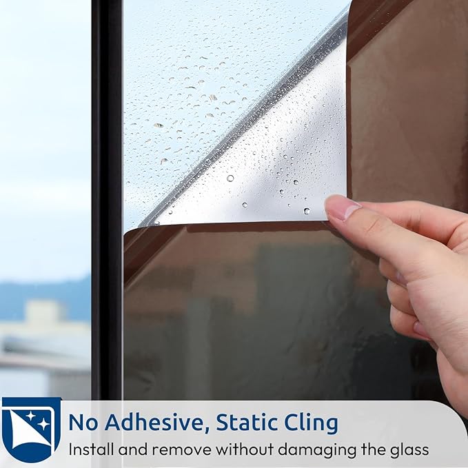 rabbitgoo Window Privacy Film One Way Window Tint for Home, Removable Reflective Heat Sun Blocking Anti UV Glass Door Covering, Mirror Tinting Film House Office, 17.5 in X 6.5 Feet, Brown Silver