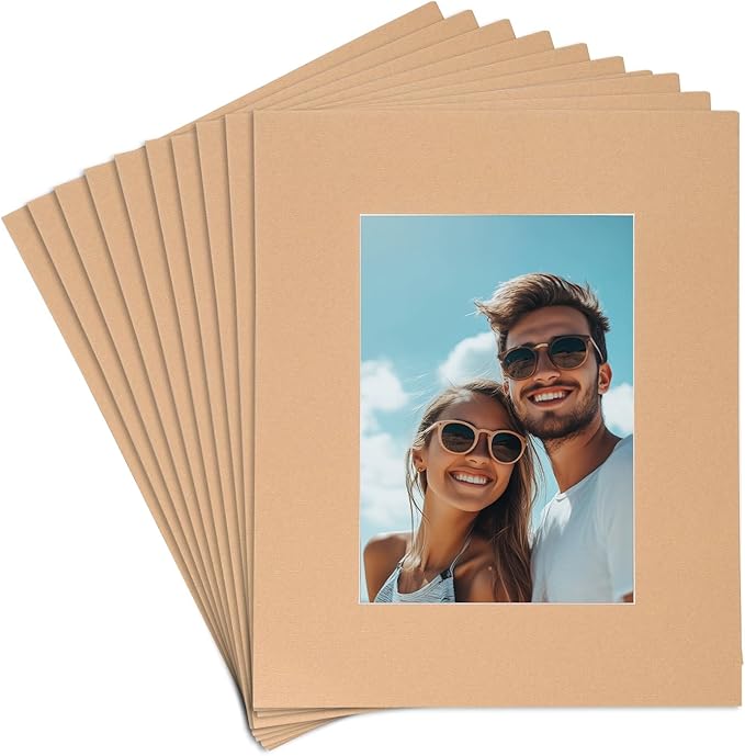 uxcell 10Pcs Picture Mats, 8 x 10 Mat Board Center for 5 x 7 Pictures Acid Free White Core Bevel Cut Frame Mattes for Display Art Measuring, Kraft Paper Color