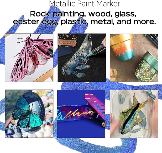 TRANSON 12Colors Metallic Paint Markers Bold and Fine Dual-tip for Rock Wood Ceramic Canvas DIY Painting Drawing