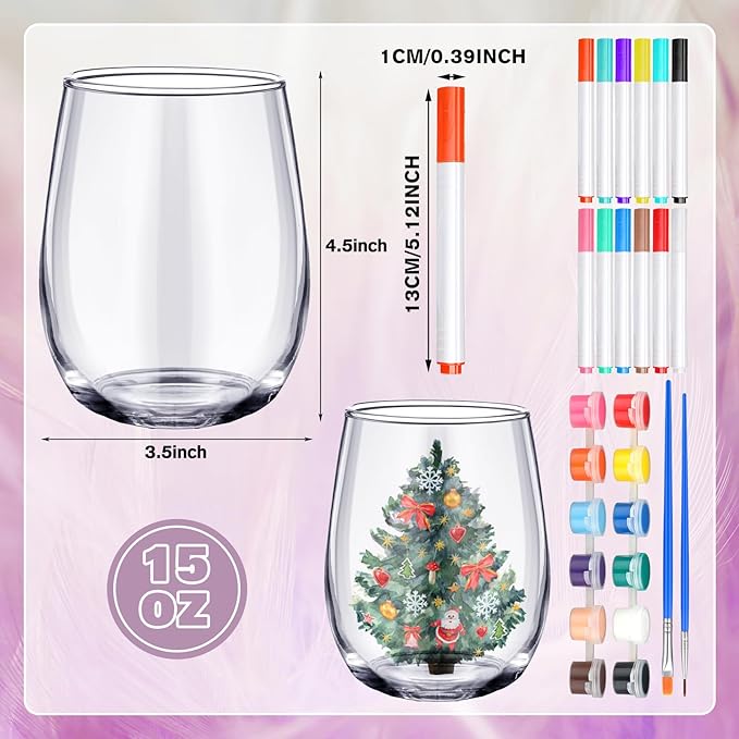 Pickmesh 4 Set Paint Your Own Glasses Kit for Adults 15 oz Wine Glass 12 Pcs DIY Markers 12 Colors Acrylic Paint with Brushes to Design Your Own Wine Glasses Gifts(Stemless)