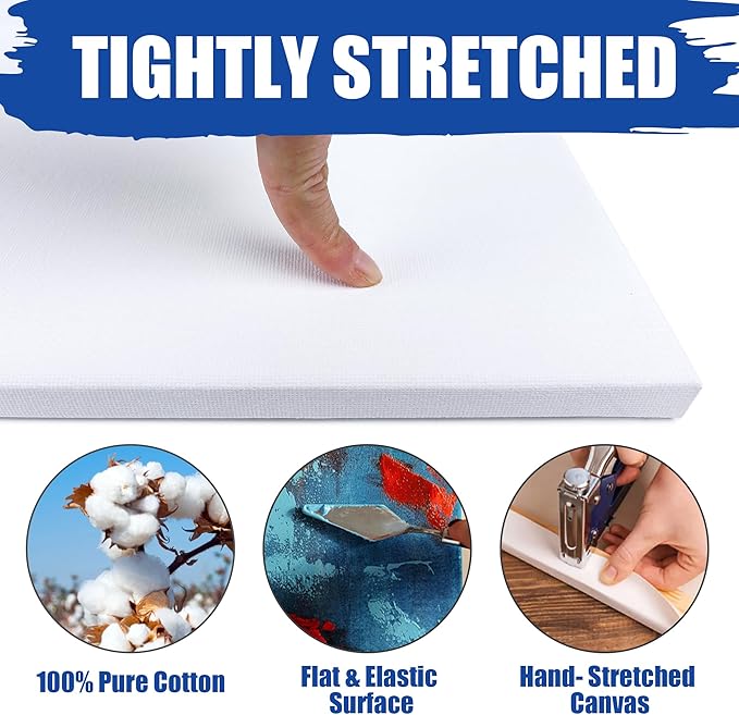 Professional Stretched Canvas Art Supplies, Acrylic, Oil, Watercolor, 20-Pack, 8x8 Inch, 5/8 Inch Profile, Cotton Canvas