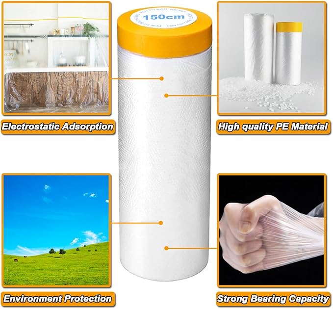 3 Pack Protective Masking Film with Tape 5 x 65 Ft Car Painters Plastic Sheeting Roll Tape and Drape Masking Film for Automotive Painting Covering Frames, Furniture, Auto Body