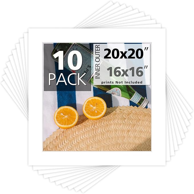Mat Board Center, Pack of 10, 20x20 for 16x16 White Photo Picture Mats - Acid Free, 4-ply Thickness, White Core - for Pictures, Photos, Framing