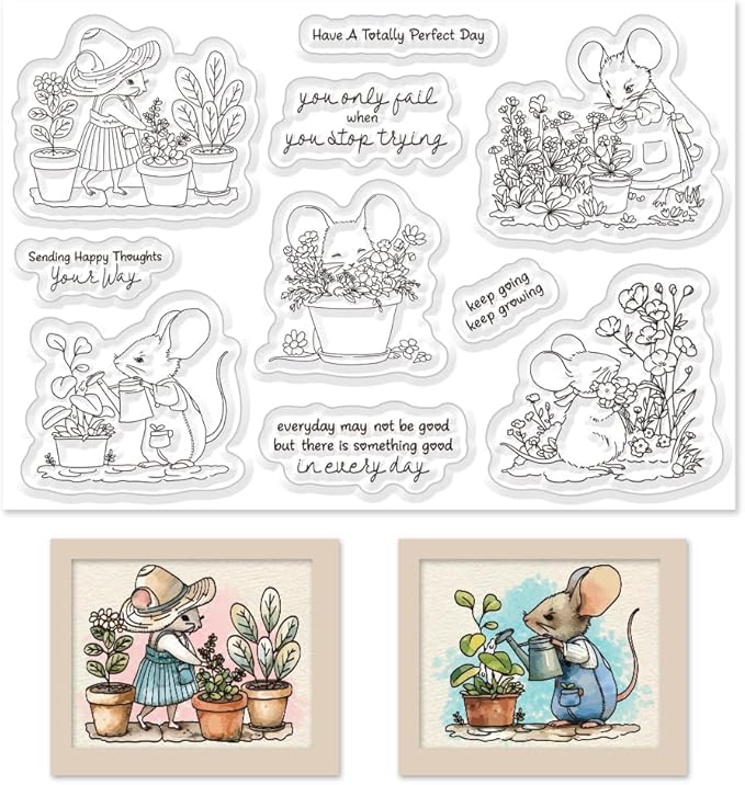 Cute Mouse Garden Planting Flowers Animal Clear Stamps for Scrapbooking DIY Crafting Paper Crafting Card Making Garden Friends Cut Dies Set Happy
