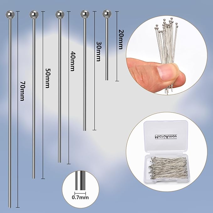 150pcs Silver Filled Ball Pins Non Tarnish Craft Earring Bracelet Jewelry Making Accessories Supplies (30mm (1.18in), Silver-Ball Pin)