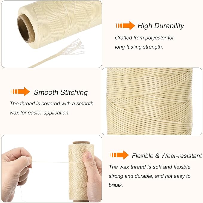 MECCANIXITY Waxed Thread,197 Yard 1mm 210D Flat Wax Thread Polyester Waxed String for Leather Sewing Hand Weaving Book Binding Home Decoration,Beige
