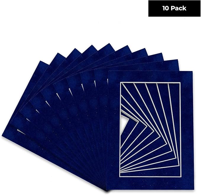 Pack of Ten Acid Free 11x14 Mats Bevel Cut for 8.5x11 Photos - Brooke Blue Suede Precut Matboards With Backing Boards and Self Seal Photo Mat Bags For Pictures, Photos, Framing - 4-ply Thickness