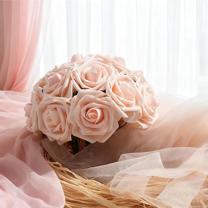 Artificial Flowers Foam Fake Roses 25pcs Champagne Roses with Stems for Home Decor DIY Wedding Bouquets Party Bridal Shower Centerpieces Faux Flower Arrangements Tables Decorations