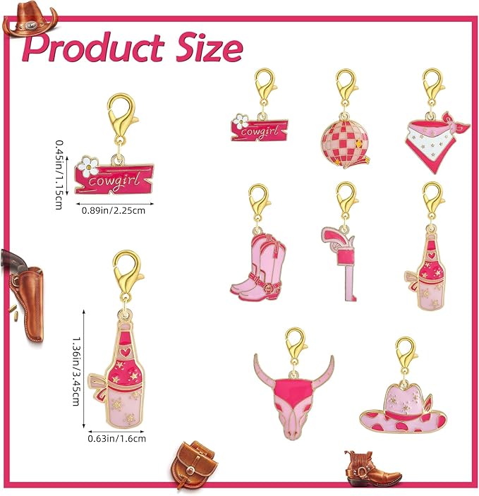 BEEFLYING 16Pcs Cowgirl Stitch Marker Charms for Crocheting and Knitting, 8 Styles Locking Pink Enemal Crochet Knit Stitch Marker Pendant with Leverback Clasp for Knitting Crocheting Accessories