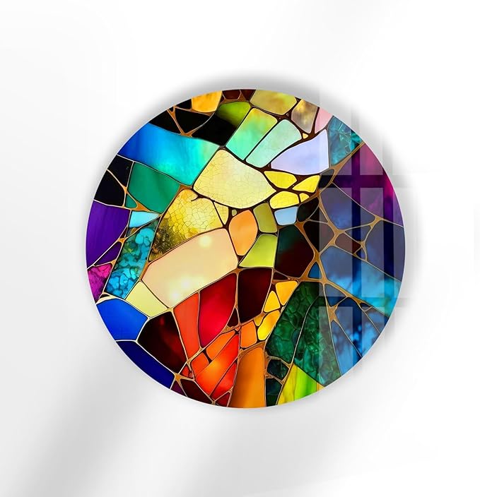 My Photostation.com 10''(25cm) Diameter Multicolor Round Stained Glass Wall Art Vibrant Mosaic Abstract Panel Tempered Glass Printing Wall Decor Large Wall Art Wall Hangings