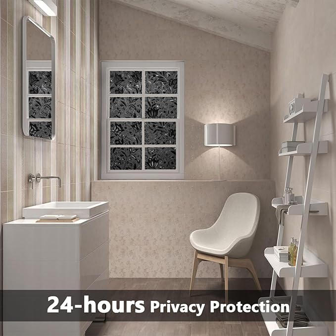 LEMON CLOUD Total Blackout Window Film Privacy Static Cling Frosted Black Window Covering 100% Opaque Film Tint Darkening Removable Film for High Privacy，(Blackout Tulip Design,35.4 x78.7 inches)
