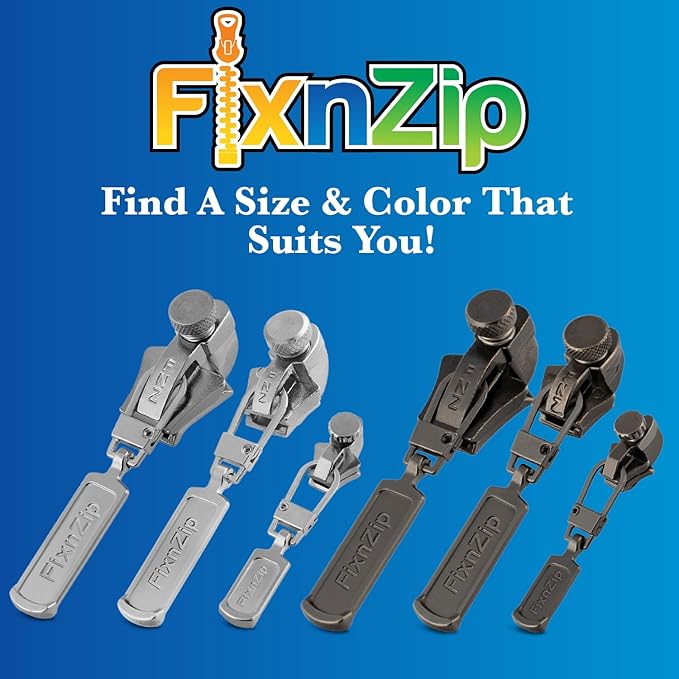 FixnZip (Black Nickel 3 Pack S,M,L) - Universal Zipper Repair Kit for Jackets, Luggage, Bags - Backpack Zipper Replacement Repair Kit
