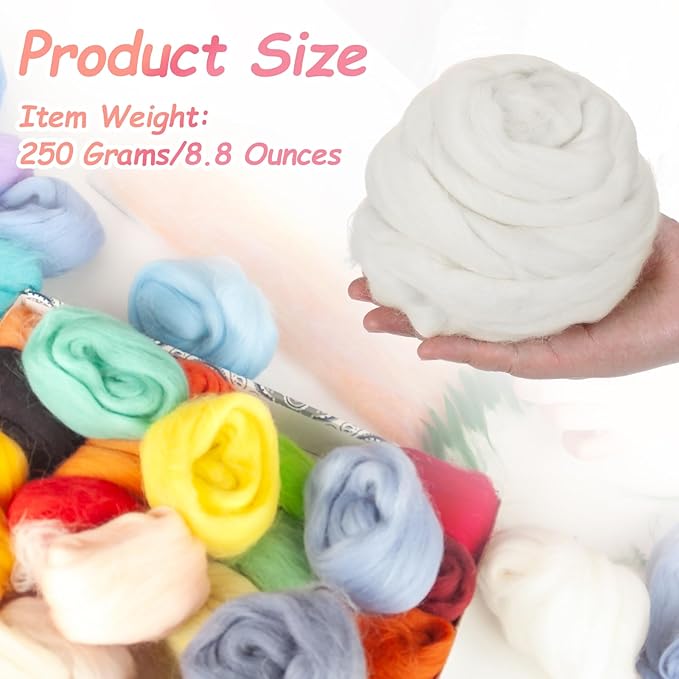 PATIKIL Wool Roving Yarn, 250G/8.8OZ Soft Felting Wool Pure Chunky Roving Yarn Bulk for Needle Felting Knitting Blanket Spinning Weaving DIY Craft, White