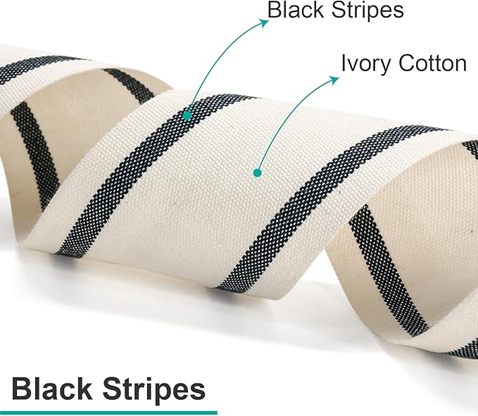 CT CRAFT LLC Ivory Cotton Black Stripes Ribbon 1" x 10 Yards for Home Décor Gift Present Wrapping DIY Crafts Birthday Wedding Bouquet Christmas