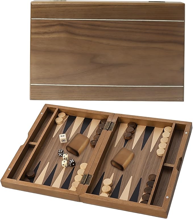 GSE Games & Sports Expert Premium Magnetic Wooden Folding Inlay Backgammon Board Game Set, Portable Travel Board Game (Double Stripe- 11 Inches)