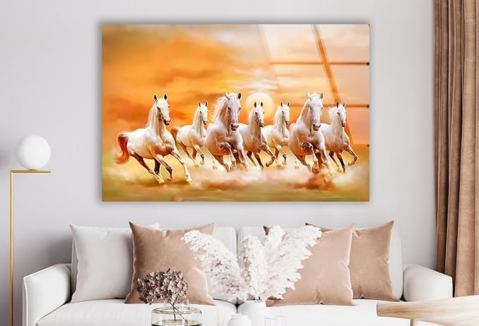 My Photostation.com 28Wx18H'' White Horses Running on Sunset Glass Wall ArtTempered Glass Printing Wall Decor Large Wall Art Wall Hangings