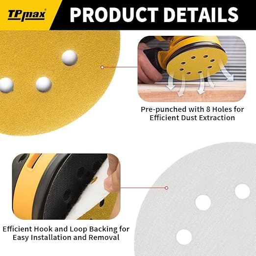 100PCS 5 Inch 120 Grit 125mm 8 Hole Sanding Discs Sandpaper - Premium Gold Round Hook and Loop for Random Orbital Sander - Ideal for Wood, Metal, Automotive