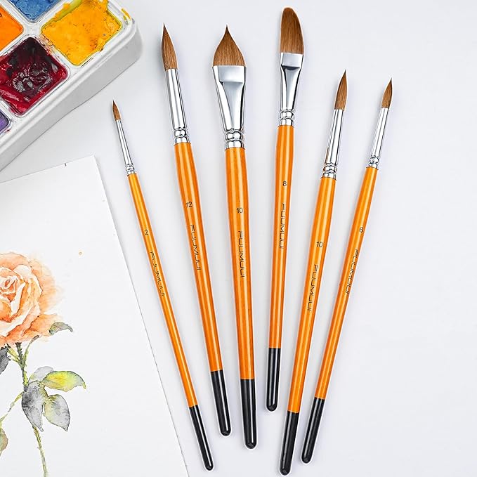 Sable Watercolor Brushes Kolinsky Watercolor Paint Brushes for Artists Professional 6pcs - Pointed Rounds Cat Tongue Oval Wash Dagger for Watercolor Acrylics Inks Gouache Painting