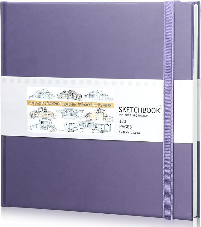 Moinchore Back to School Gifts Square Sketchbook 8 x 8 Inch Hardcover Art Sketch Book Drawing Papers 120 Pages, Mixed Media Journal Notebook with Elastic Closure Sketchbook for Drawing(Purple)