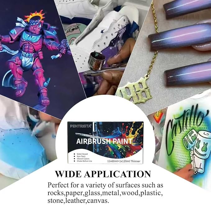 PENTRISTA 36-Color Airbrush Paint Set (60 ml/2.03 oz)with 3 Thinner - Flash Neon & Metallic Air Brush Paints,Lightfast & Water-Resistant Finish Acrylic Airbrush for Beginners,Artists for Models Nails