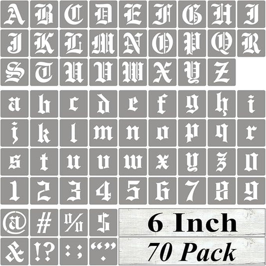 6 Inch Alphabet Letter Stencils for Painting - 70 Pack Old English Letter Stencil Templates with Numbers and Signs for Painting on Wood, Reusable Letters Stencils for Chalkboard Wood Signs & Wall Art