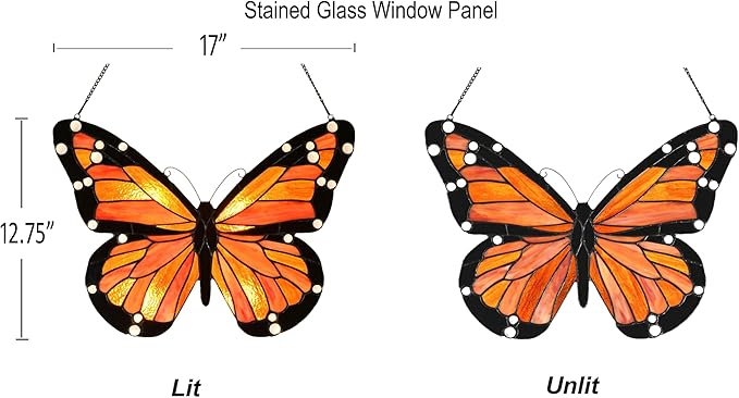 PA0007 Butterfly Stained Glass Hanging Panel 17" Wx12.75 H,Handmade Suncatcher Tiffany Style Window Ornament Home Hanging Decorations