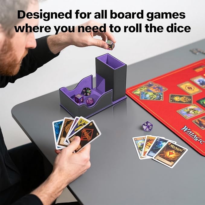 Dice Tower and Tray, Portable Commander Deck Box, Foldable Dice Storage Box for Dungeons and Dragons Rolling Tray Black/Violet