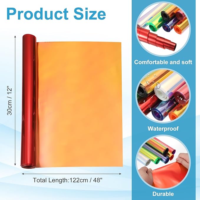 MECCANIXITY Holographic Clear PVC Vinyl Film Holographic PVC Fabric Waterproof Dichroic Film 12 x 48 Inch for Handbags Bows Earrings DIY Craft,Laser Orange
