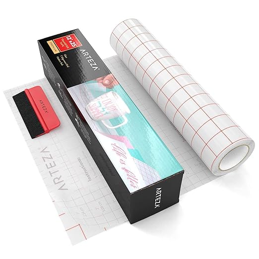 ARTEZA Ultra Clear Transfer Tape Paper with Grid & Squeegee, 12 Inch Wide x 25 Foot Long Roll, for Alignment & Transfer of Adhesive Vinyl for Decals, Signs, Walls, Windows & Smooth Surfaces