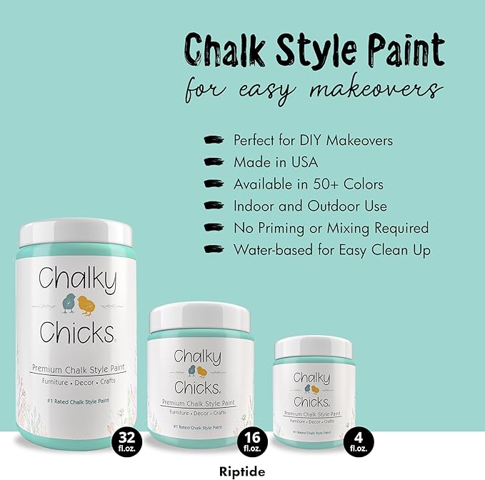 Chalky Chicks All-in-One Chalk Paint for Furniture or Cabinet - 32 Fl Oz - Matte Finish Riptide (Green Blue) for Metal, Wood Furniture Paint - No Sanding All-in-One for Home Decor & Crafts, USA Made