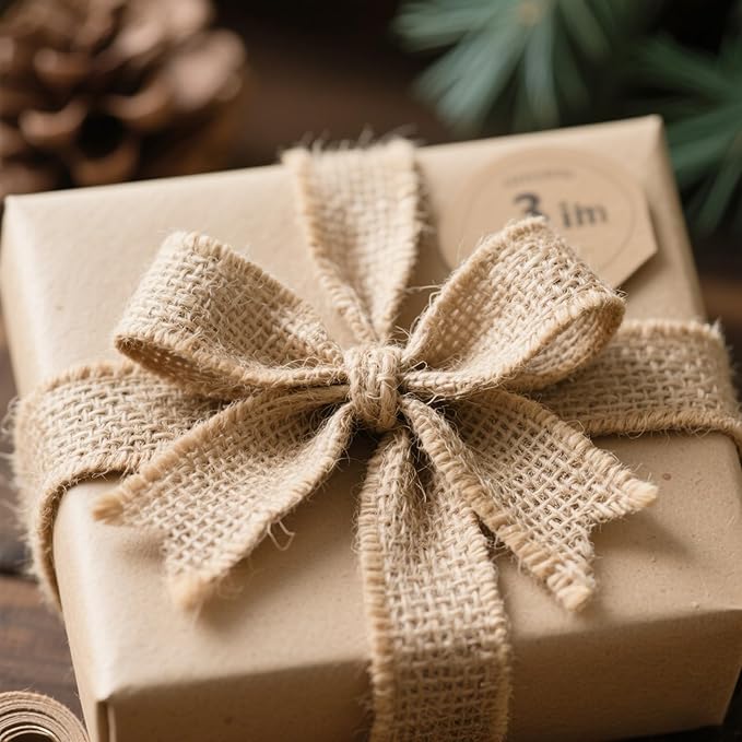 KINJOEK 3 Inch Wide 54 Yards Burlap Ribbon, Natural Jute Fabric Ribbon Crafts Ribbon for Christmas Wedding Gifts Burlap Fabric DIY for Decoration