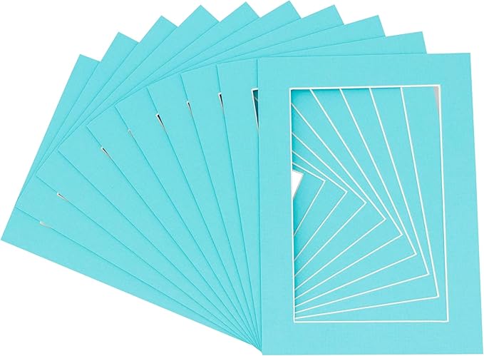 Pack of 25 Acid Free 8.5x11 Mats Bevel Cut for 7x9 Photos - Aquamarine Blue Precut Matboards With Backing Boards and Clear Photo Mat Bags For Pictures, Photos, Framing - 4-ply Thickness
