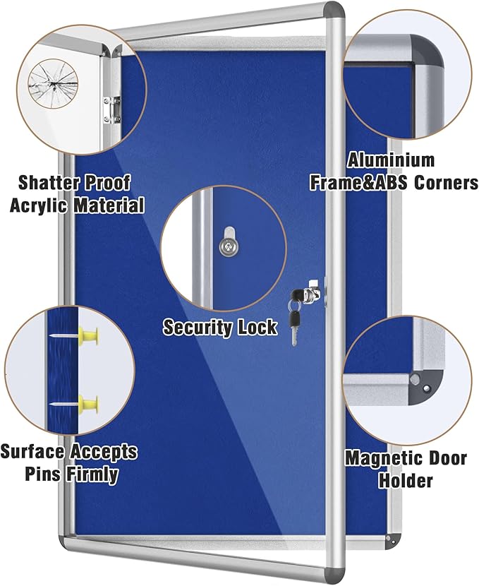 36"x24" Enclosed Bulletin Board, Lockable Weather-Resistant Aluminum Cork Noticeboard for School & Office, Silver Frame w/Blue Flet