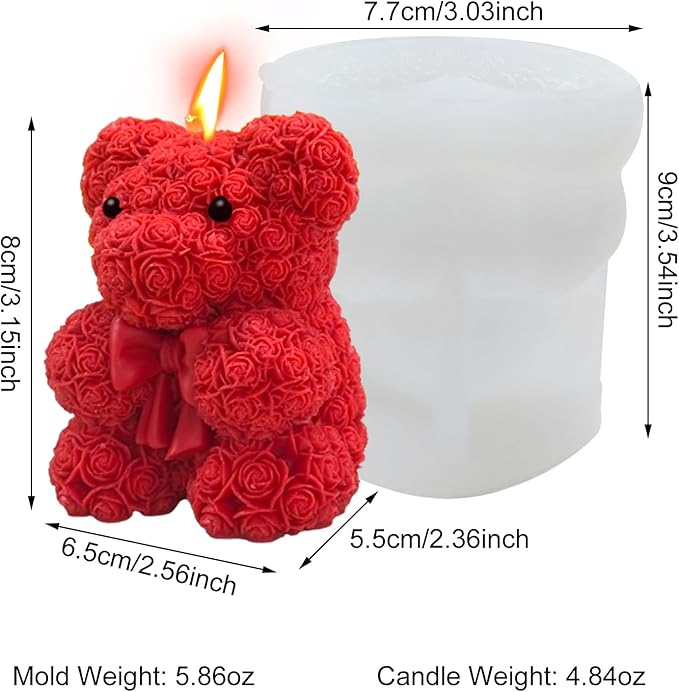 3D Bowtie Rose Bear Candle Mold - Teddy Bear Silicone Mold for DIY Handmade Soaps, Epoxy Resin Crafts, Father's Day Gifts, Birthday Gifts, Valentine's Day Gifts & Home Decorations