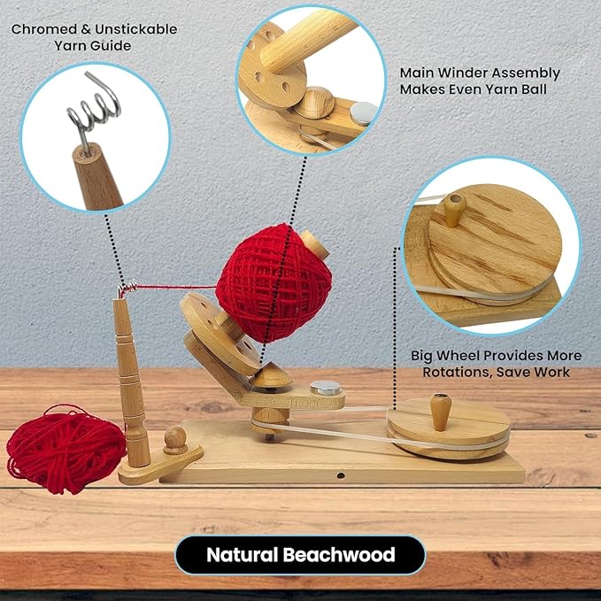 Yarn Winder – Large Handcrafted Wooden Ball Winder for Knitting, Crocheting & Weaving – Heavy-Duty Natural Beachwood Yarn Winder for 8-12 oz Yarn Cakes