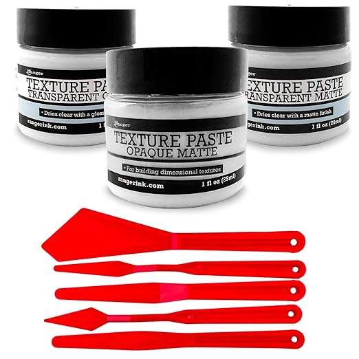 Ranger Texture Paste Set – Includes Opaque, Transparent Gloss, and Transparent Matte Texture Pastes with 5 Pixiss Spreader Tools for Crafting, Mixed Media, and Scrapbooking