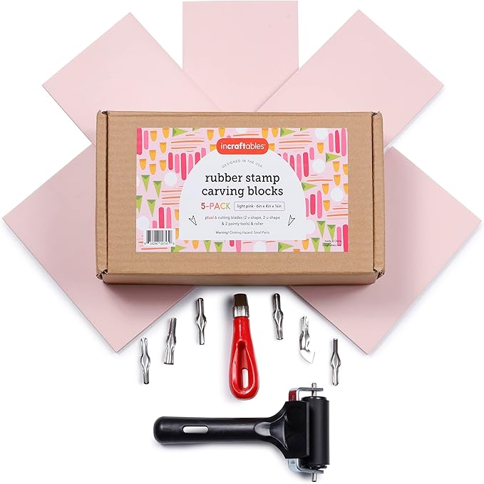 Incraftables Linocut Block Printing Kit – Includes 5 Soft 4" x 6" Rubber Blocks and Carving Tools – Complete Rubber Stamp Making Kit for Beginners, Artists & DIY Crafts