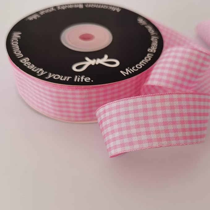 Pink and White Gingham Ribbon - 25 Yards Each Roll - 100% Polyester (1", Pink)