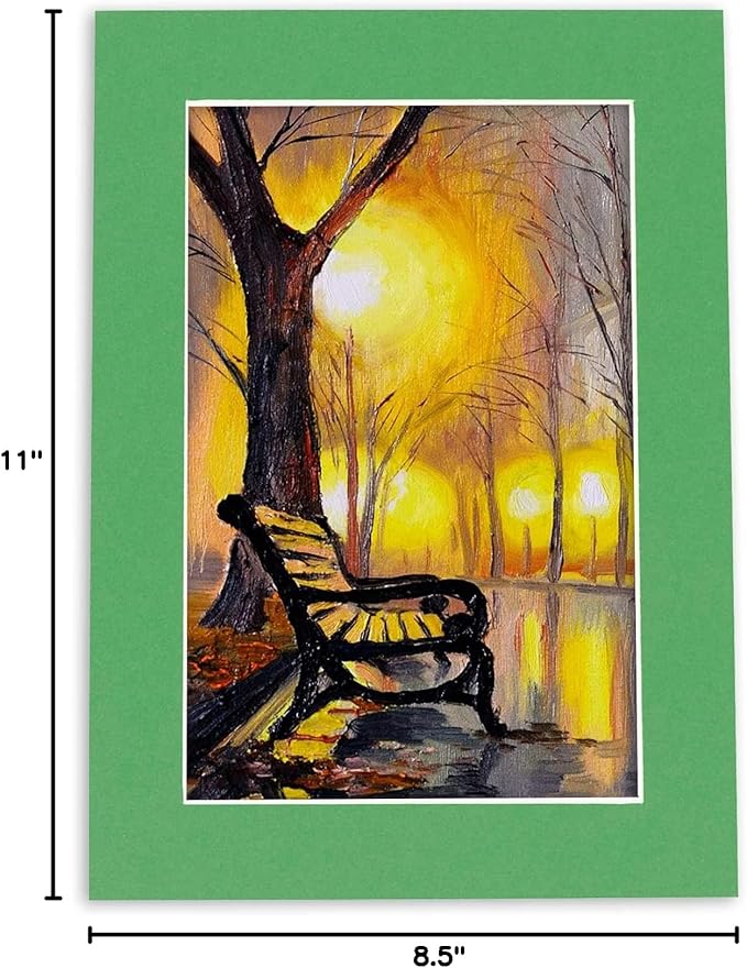 Pack of 25 Acid Free 8.5x11 Mats Bevel Cut for 7x9 Photos - Bright Green Precut Matboards With Backing Boards and Clear Photo Mat Bags For Pictures, Photos, Framing - 4-ply Thickness