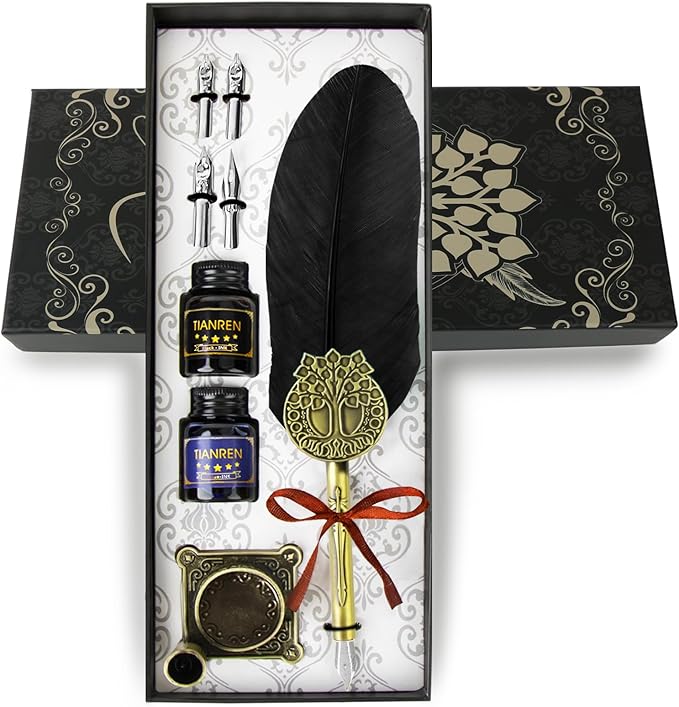 Quill pen ink set,Feather Pen and Ink Set,Antique Calligraphy Pen with 4 Replaceable Nibs,2 Bottle of ink,Feather Dip Pen Holder Christmas Gift for Men&Women.(Black)