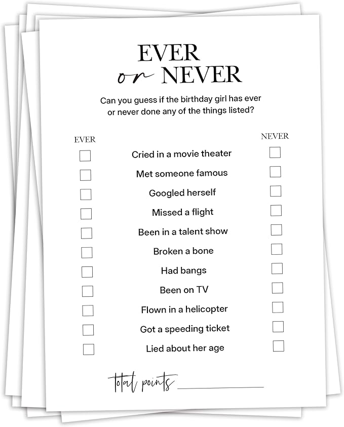 Birthday Party Games, Ever or Never, 25 Pcs Card Set for Guests, Fun Birthday Game for Teen Adults – A03