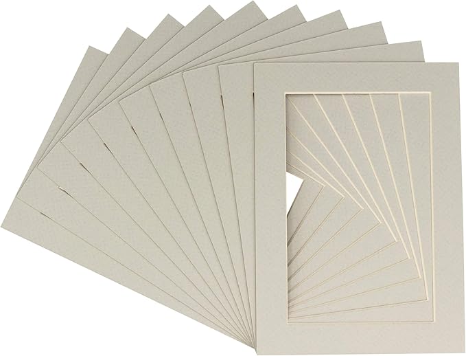 Pack of Ten Acid Free 8.5x11 Mats Bevel Cut for 7x9 Photos - Grey Precut Matboards With Backing Boards and Self Seal Photo Mat Bags For Pictures, Photos, Framing - 4-ply Thickness